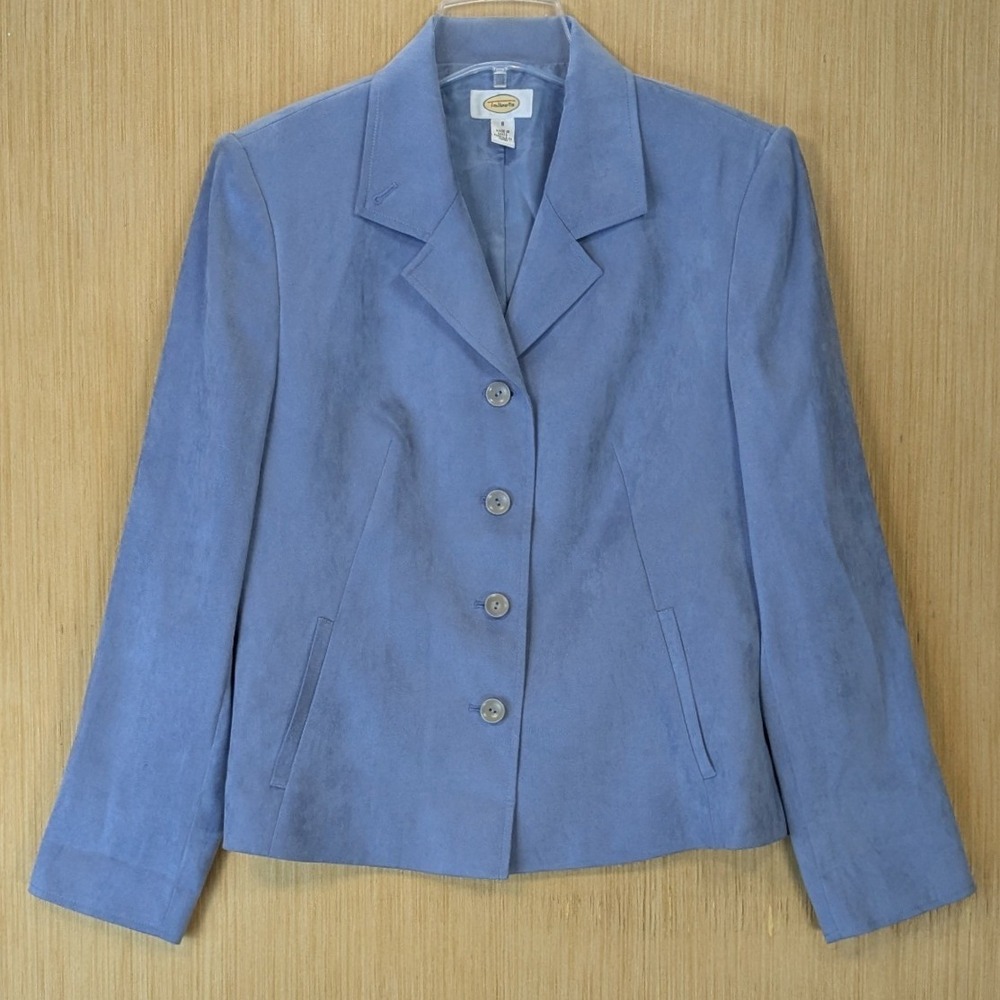 Talbots Womens Faux Suede Button Front Blazer Jacket Size 8 Blue Office Career